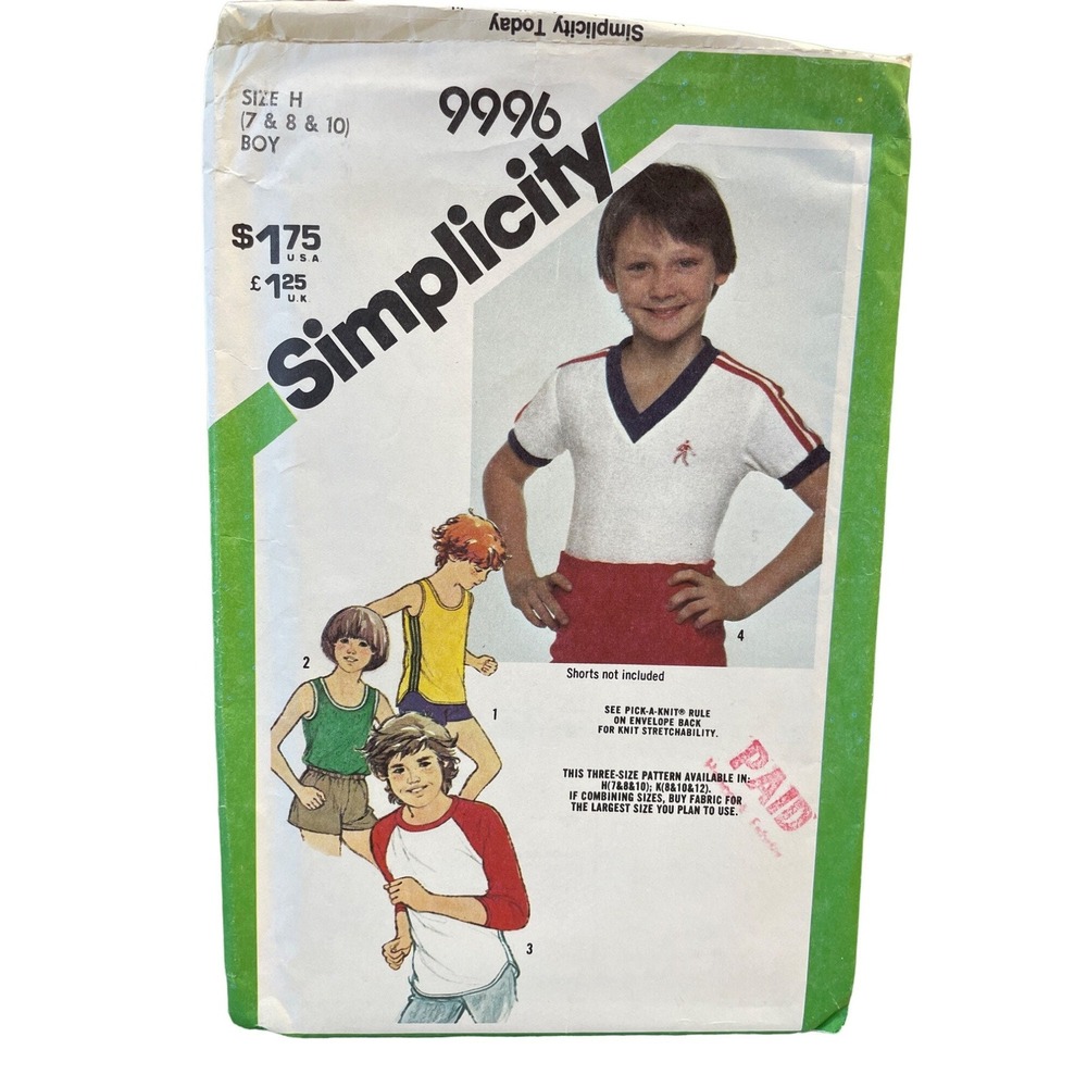 Simplicity Sewing Pattern 9996 Top Boys Size 7-10 Vintage Knit Raglan Tank Tee